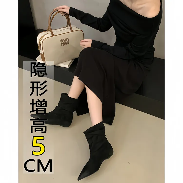 2025新款内增高瘦瘦靴气质尖头秋冬休闲风短靴套筒韩版细跟女