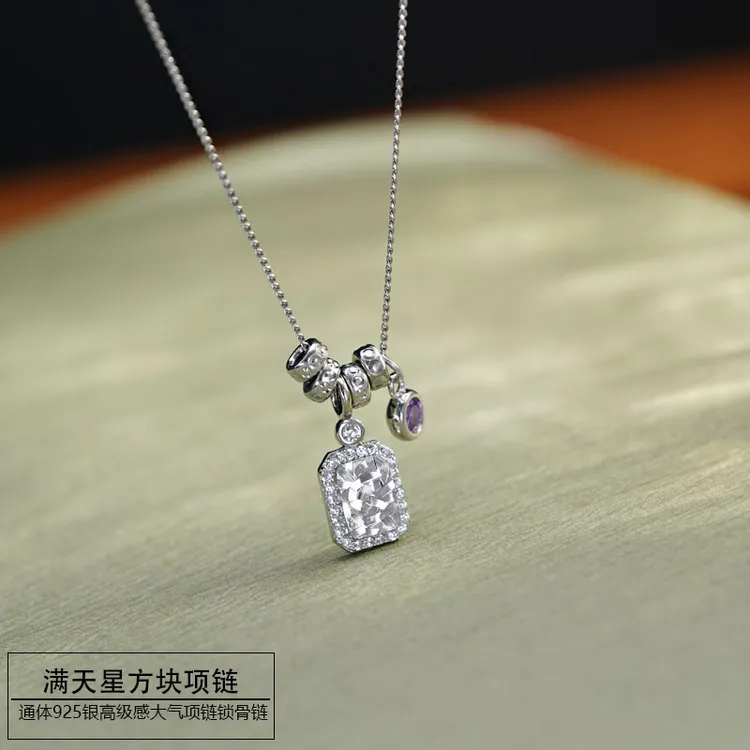 坠链均925银 满天星方块路路通项链女高级感精致时尚锁骨链送朋友