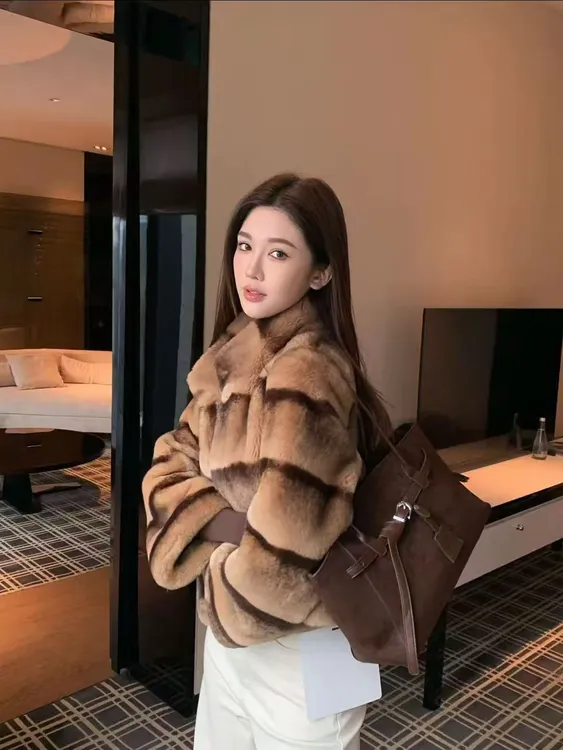 人造皮草 单排扣老钱风冬季百搭外套大衣女立领咖色短外套女士