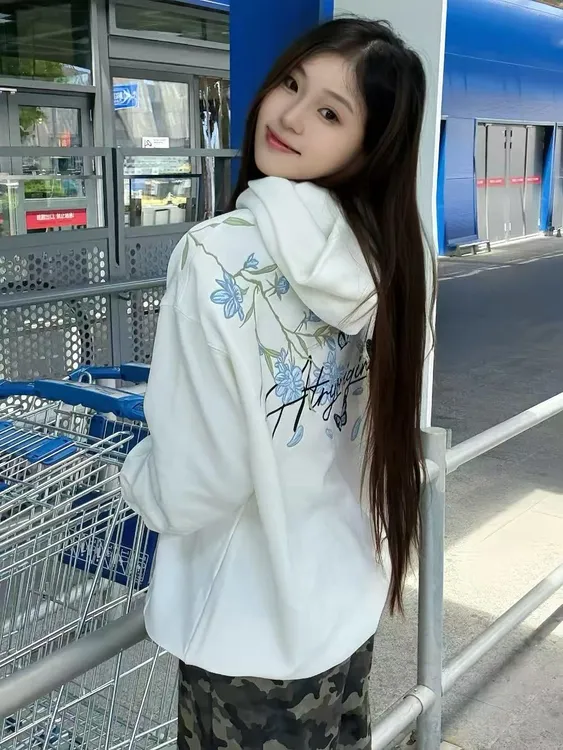 重工绣花连帽卫衣男女秋冬新款美式休闲连肩兰花刺绣情侣帽衫上衣