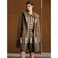 ELLE女装复古连帽中长款毛绒外套2025冬季新款宽松上衣EF53013