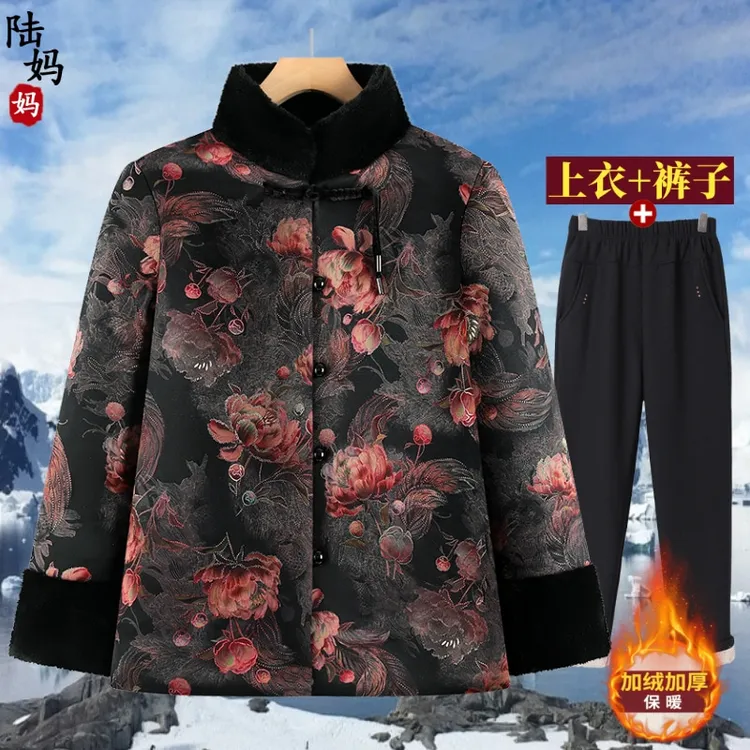 盘扣福态风中老年女装加绒保暖棉衣冬装时尚妈妈棉服加厚奶奶棉袄