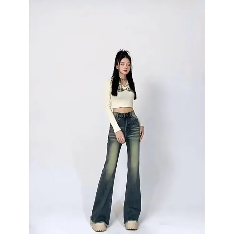 复古水洗高腰喇叭牛仔裤女生显瘦修身马蹄拖地裤子设计感时尚