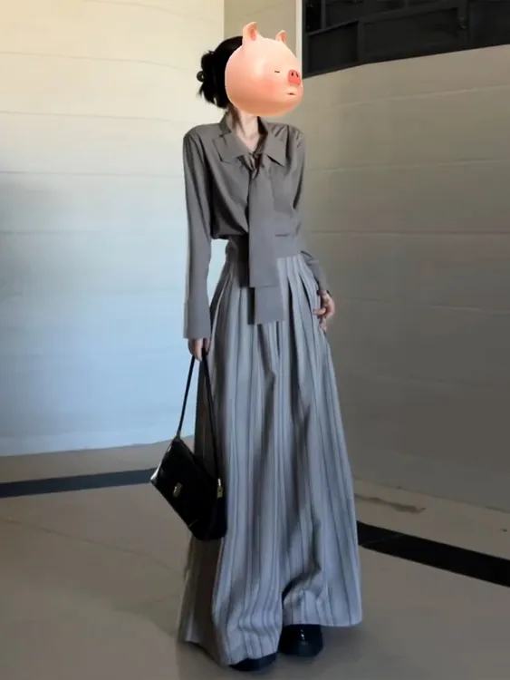 老钱风松弛感女装系带长袖衬衫女轻职感褶皱条纹阔腿裤通勤两件套