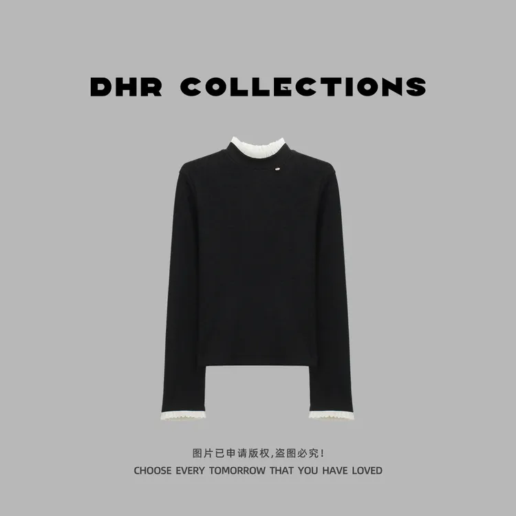 豆豆9【花边蚕丝发热绒】加厚软糯亲肤拼接打底衫长袖T恤-25DD119