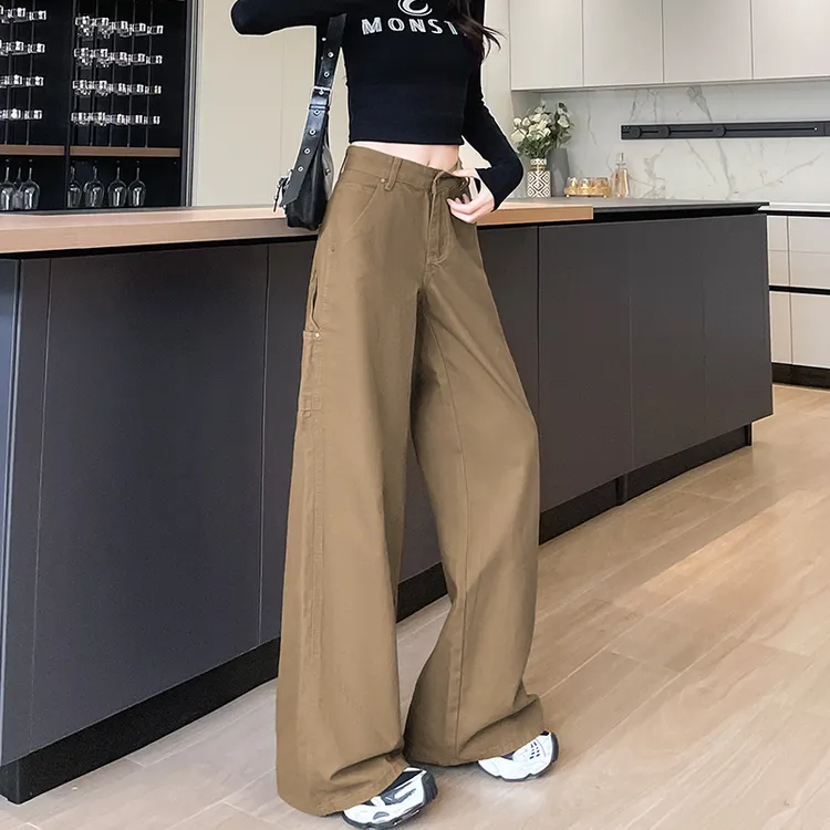 蜜蜜穿搭卡其色美式工装阔腿牛仔裤女2025秋季新款休闲宽松拖地裤