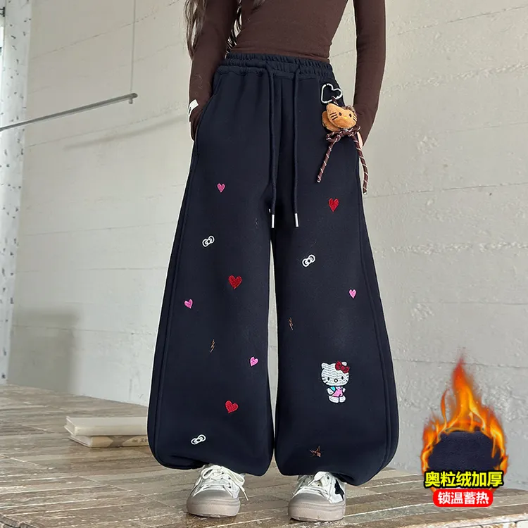 女童加绒裤子2025新款儿童秋冬超好看加厚阔腿裤大童冬一体绒卫裤