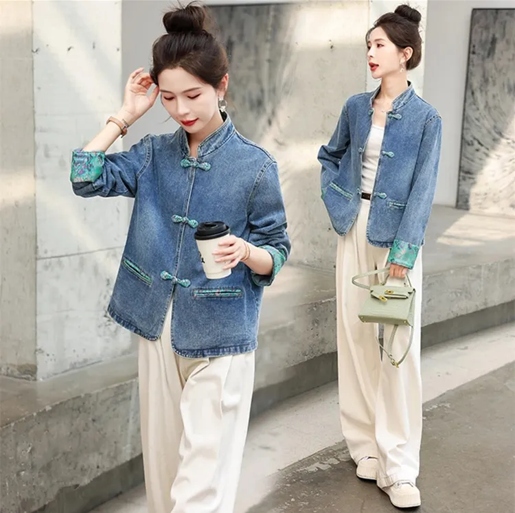韩版休闲牛仔衣外套女春秋新款新中式短款独特盘扣唐装上衣女款