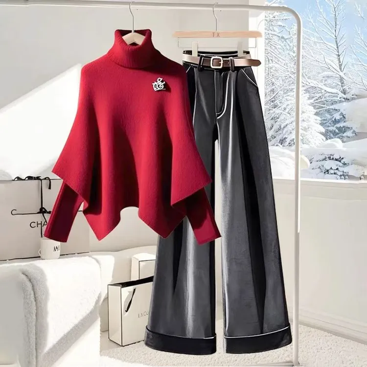 3863+3865秋冬套装高级感红色斗篷针织小个子黑色休闲裤两件套女