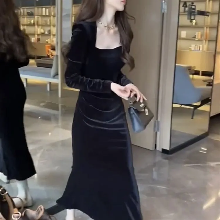 高个子小个子时尚连衣裙女2025秋季新款复古丝绒收腰显瘦包臀裙