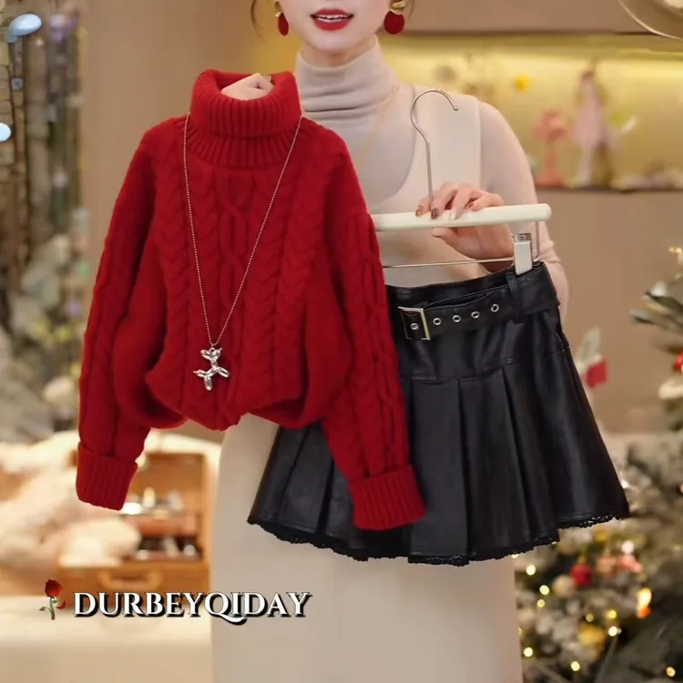 女童2025冬季新款韩版纯色圣诞风毛衣百搭皮裙套装6028