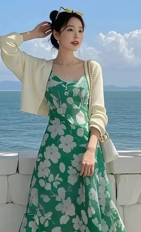 SS709超火独特漂亮高级感多巴胺绿色吊带裙开衫两件套女春