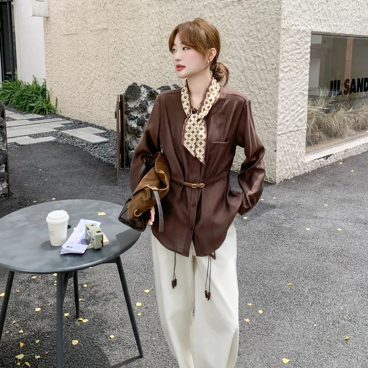 配丝巾腰带收腰长袖衬衫女2025早初秋高级感法式知性气质时尚衬衣