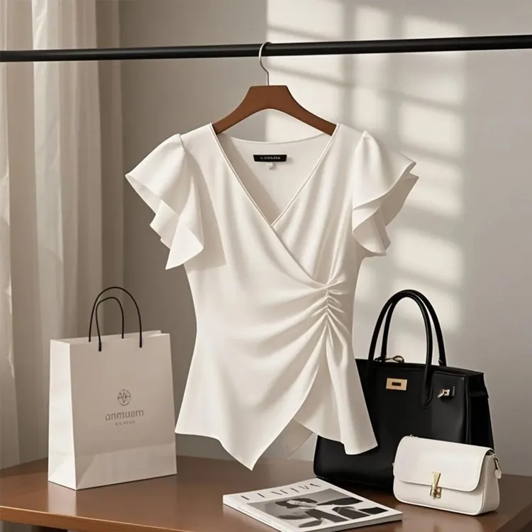 白色短袖t恤女2025夏季新款设计感收腰衬衫褶皱今年流行爆款上衣