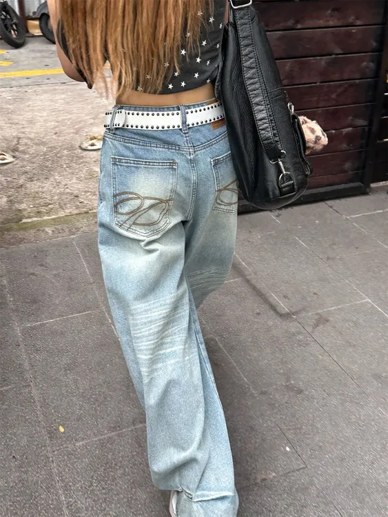【现货+运费险】美式复古刺绣牛仔裤女夏季高腰宽松显瘦阔腿拖地裤