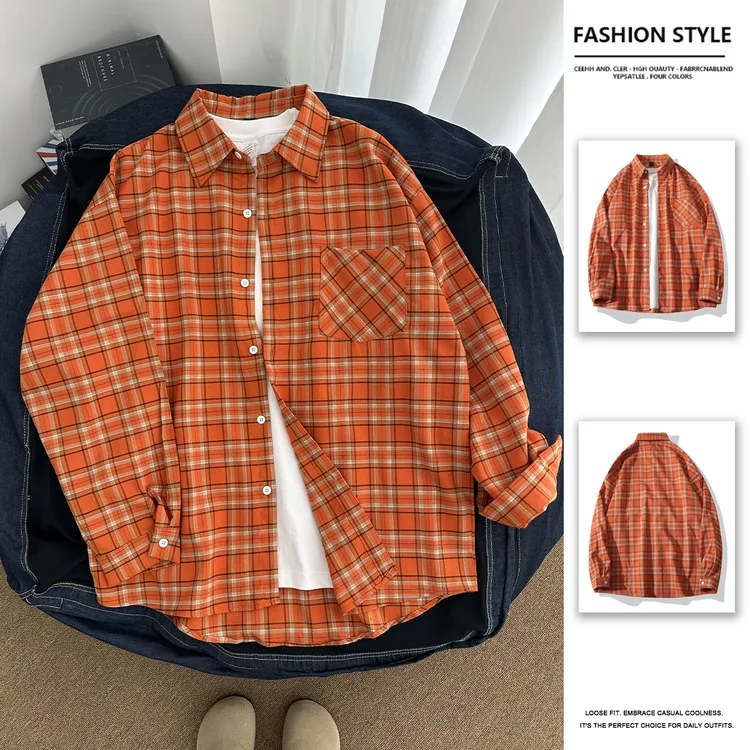 潮牌复古橙色格子长袖衬衫高级感男装美式宽松日系衬衣帅气外套