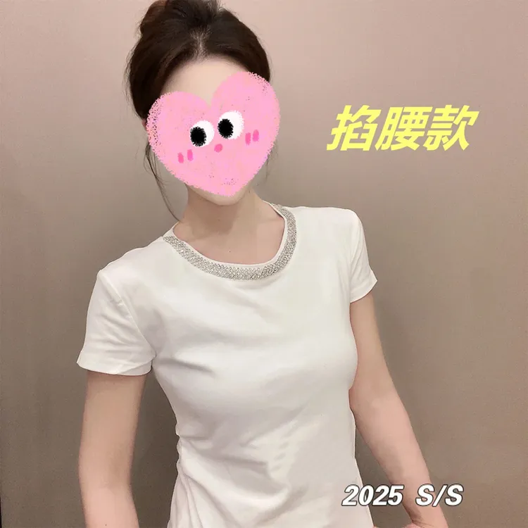设计感圆领烫钻短袖t恤女夏季2025新款宽松显瘦小众百搭休闲上衣