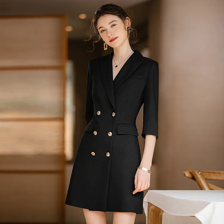 高端西装连衣裙气质女士2025春秋黑色ol通勤工作服双排扣职业Q902