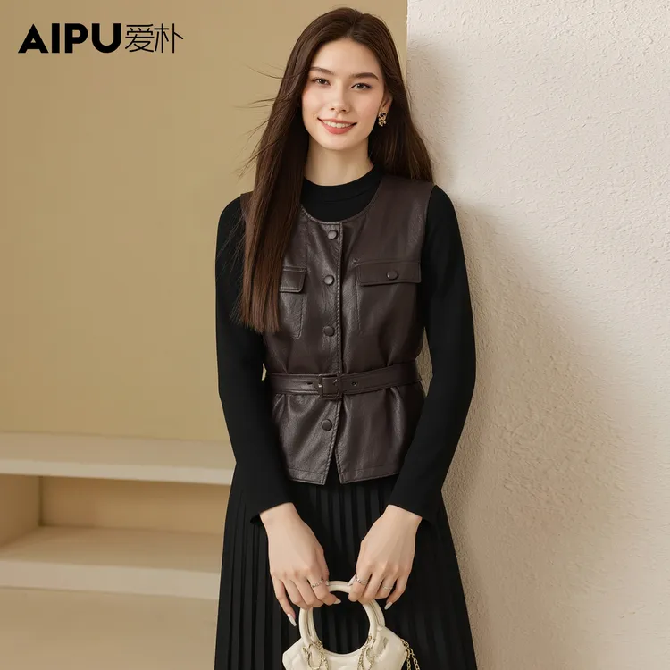 爱朴品牌大码女装2025秋季新款时尚洋气圆领立体皮马甲女66850
