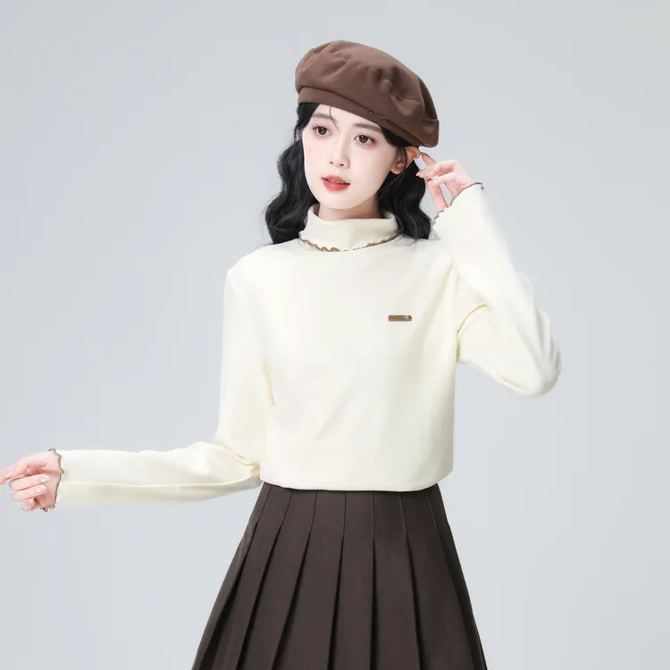 杏色半高领长袖打底衫秋冬2025秋新款中领显瘦磨毛内搭T恤短上衣