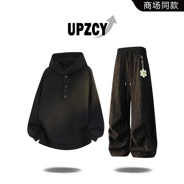 UPZCY连帽休闲卫衣套装男秋季潮牌痞帅拼接宽松挂饰休闲裤两件套