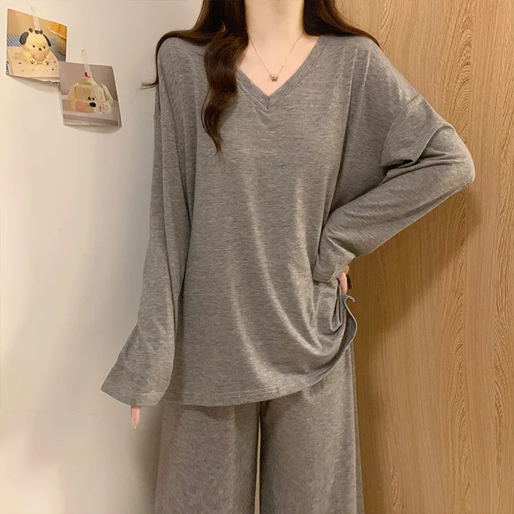 带胸垫睡衣女款春秋季彩棉长袖纯欲灰色韩版休闲风百搭V领两件套