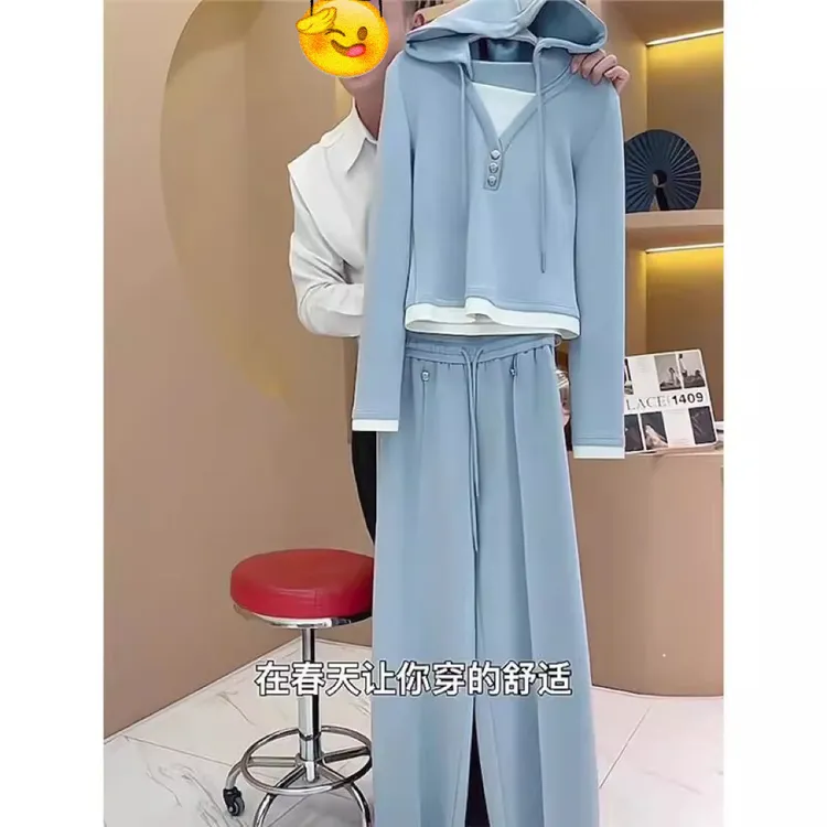 高级感气质时尚大码休闲运动服套装女春拼接连帽卫衣阔腿裤两件套