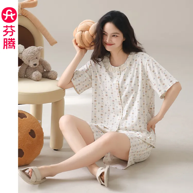 芬腾新款睡衣女夏季开衫可爱短袖短裤纯棉女士全棉休闲家居服套装