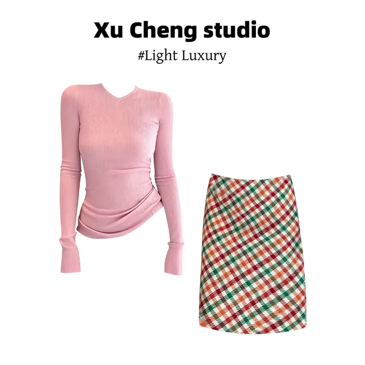 Xu Cheng粉紫色长袖针织打底衫内搭修身上衣多巴胺彩色格子半身裙