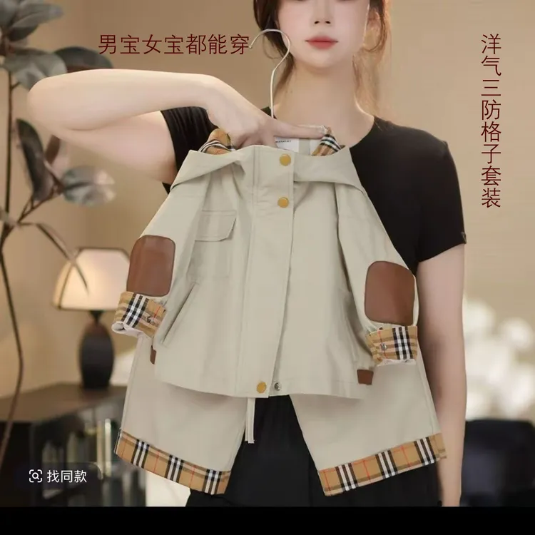 春秋格子韩版常规款男童女童休闲风套装复古夏季短款工装防风防水