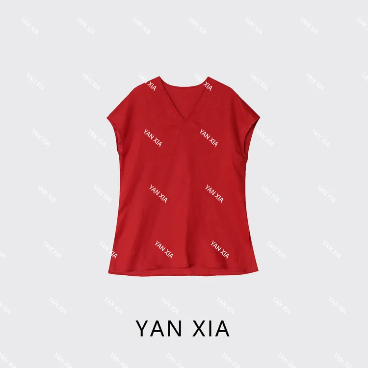 100亚麻背心 纯色时尚 小V领亚麻凉感 女T恤短袖 W-393