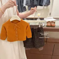 【咸柠七】显白南瓜橘！女童韩系针织毛衣外套秋冬洋气格子裤两件套