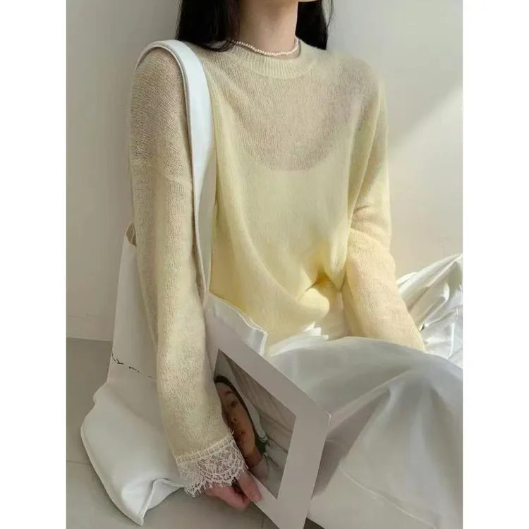 七言家福利款！香草黄水溶蕾丝拼接毛衣-261@
