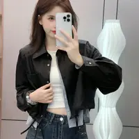 7609 早秋新款假两件抽绳皮衣