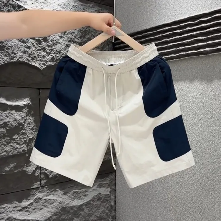 夏季轻薄透气拼色条纹设计感速干短裤男士高档简约户外五分沙滩裤