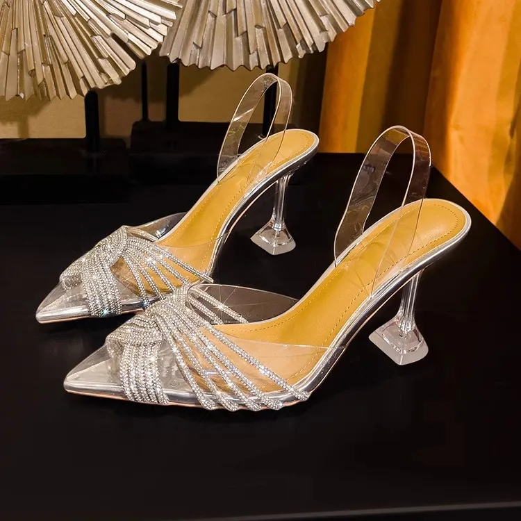 尖头透明凉鞋2025夏季酒杯跟凉拖鞋细跟性感尖头一字带水晶高跟鞋