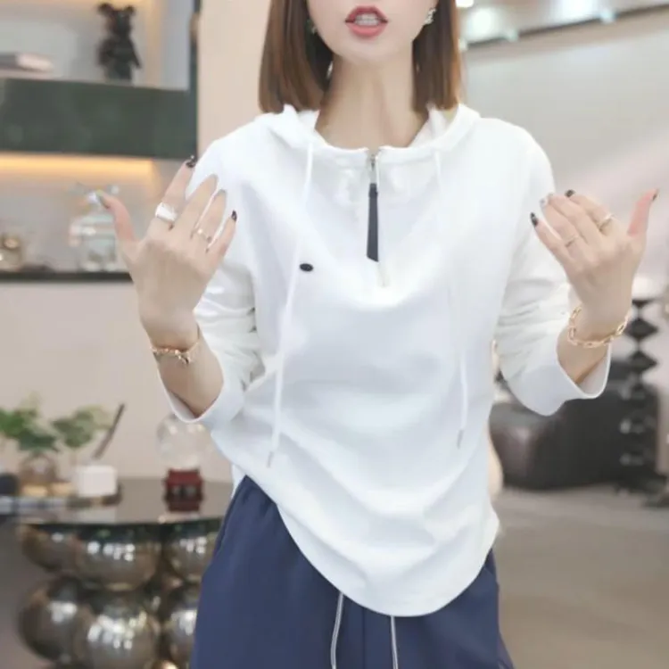 【目不转睛】宽松连帽半拉链设计长袖上衣女士2025秋季新款时尚卫衣