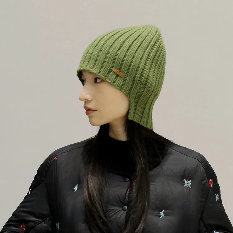 设计感时髦双纹理双戴坑条针织毛线帽子冷帽前短后长显脸小纯羊毛