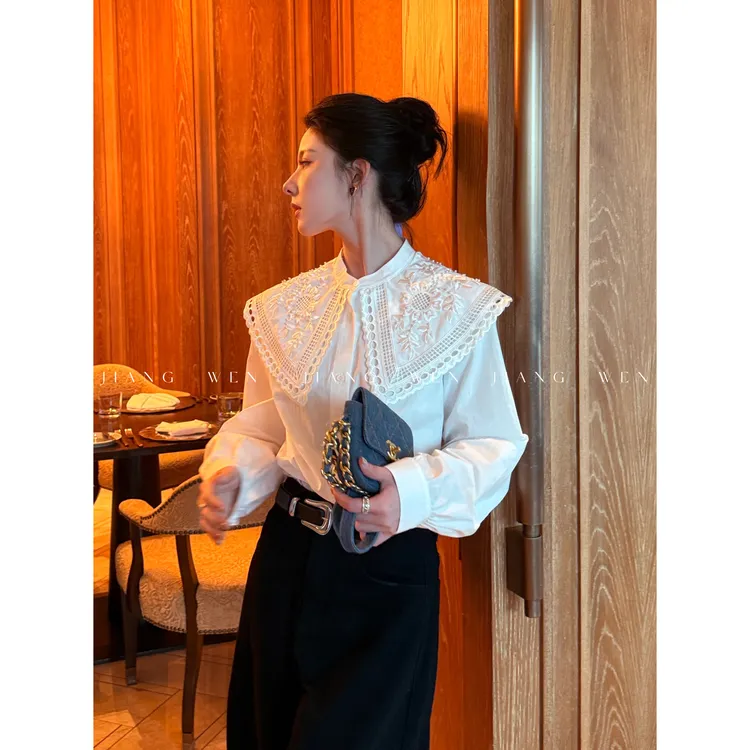 【限量系列】法式重工彼得潘领刺绣精梳棉白色衬衫