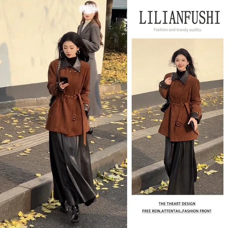 今年流行套装2025新款设计感翻领收腰长袖外套显瘦半身裙两件套女