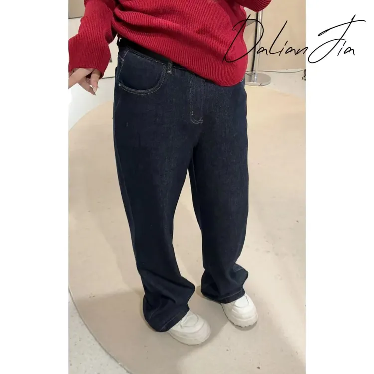 【原色牛仔】无松紧加绒复古水洗做旧宽松牛仔裤显瘦直筒