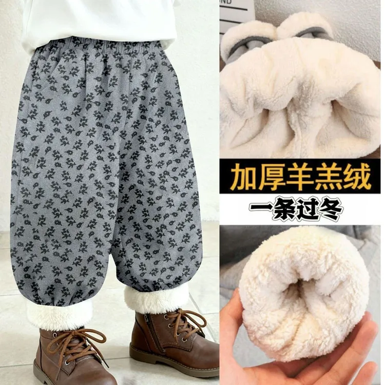 2025新款冬季儿童裤子羊羔绒加绒加厚洋气男童碎花加厚保暖休闲裤