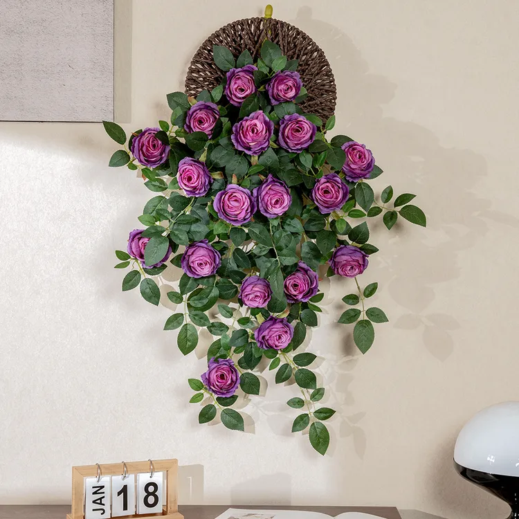 【送圆盘】仿真雪山玫瑰壁挂花阳台墙壁绿植物装饰假花吊花客厅挂墙