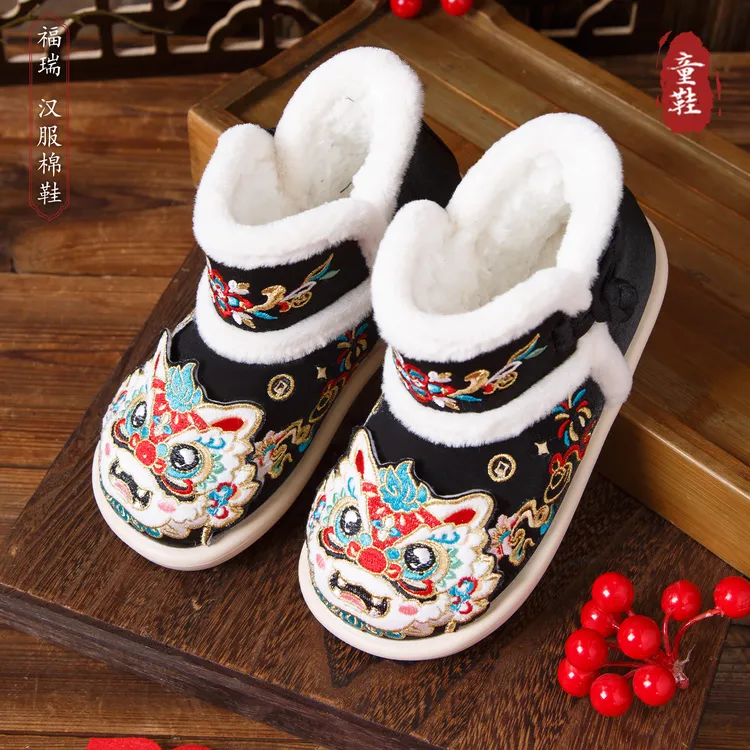【福瑞】男童汉服鞋子冬季加绒宝宝虎头鞋古风手工绣花国风儿童棉鞋