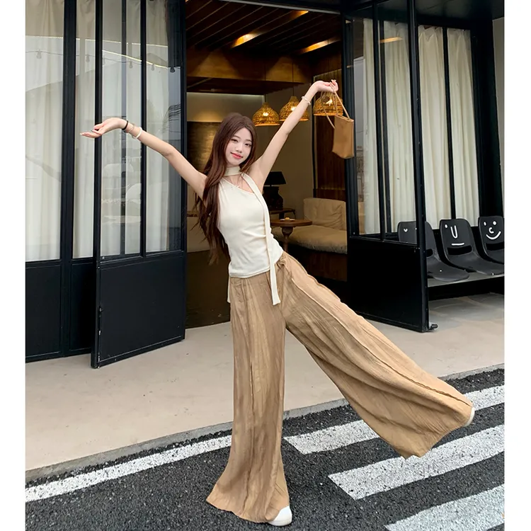 旅游度假休闲时尚穿搭裤子设计感上衣拖地阔腿裤高腰直筒宽松套装