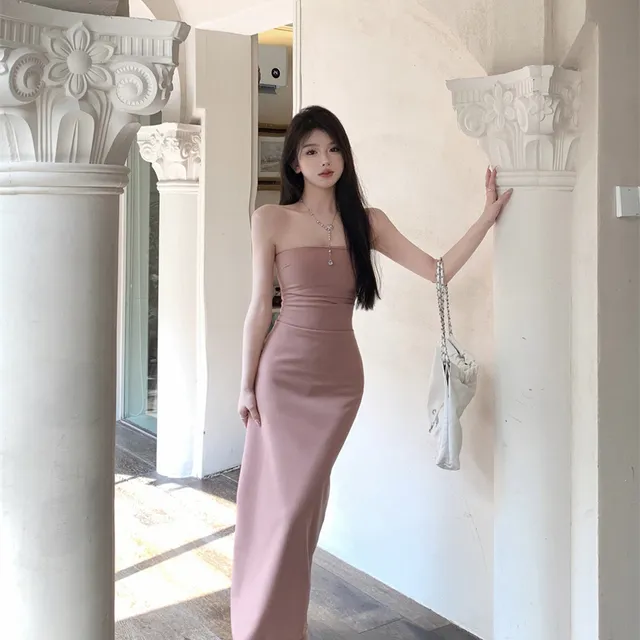 纯欲名媛抹胸连衣裙开叉夏季一字肩修身包臀裙女温柔长款a字裙子