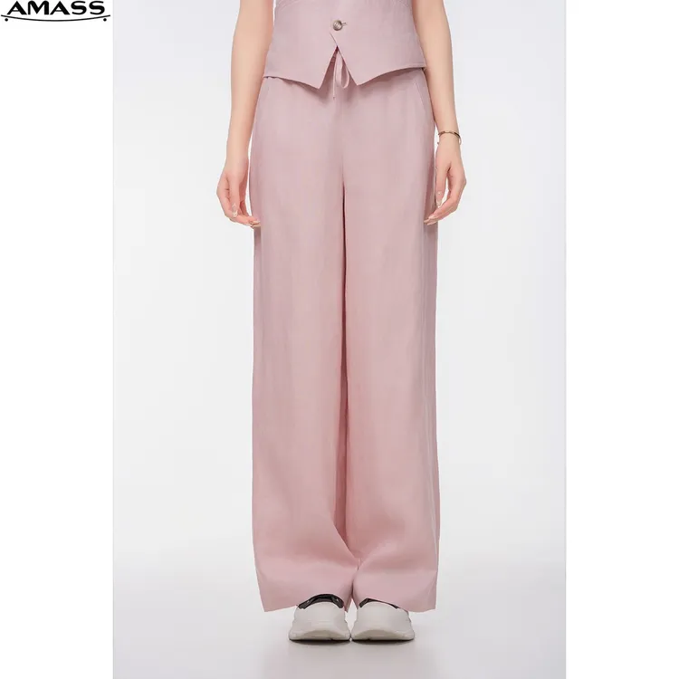 AMASS/阿玛施松夏季新款紧腰抽绳宽松清凉亚麻长裤5100552