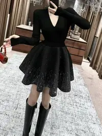 秋季少女风时尚套装休闲风长袖裙子黑色百搭法式时尚Y0069