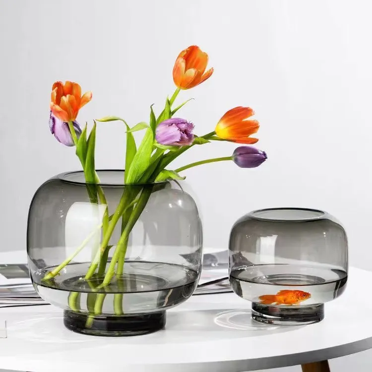 极简风圆形大口花瓶透明水培鲜花插花玻璃花瓶家用餐桌客厅摆件