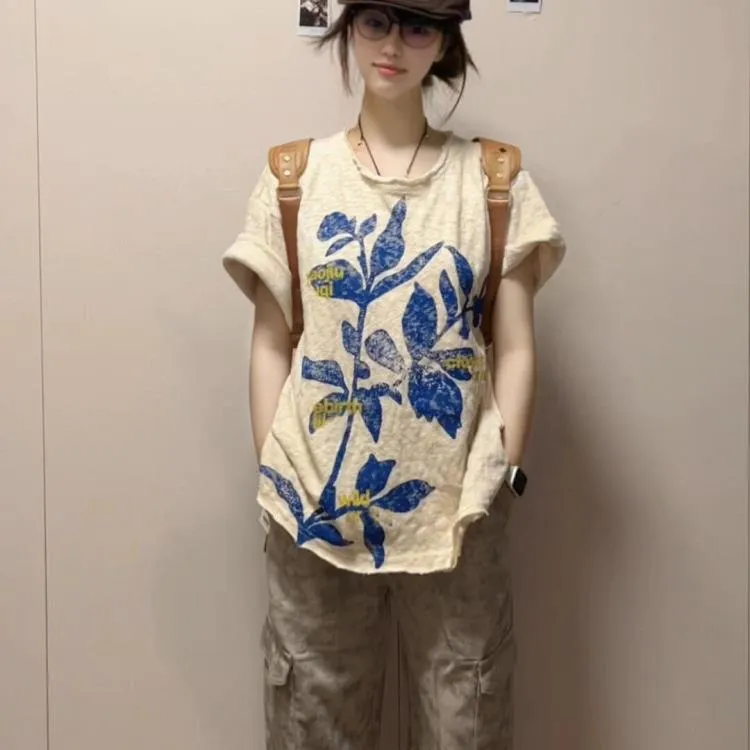 美式做旧印花短袖t恤女夏季2025新款宽松显瘦慵懒风复古重磅上衣